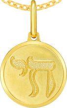 Load image into Gallery viewer, Italian 14k Yellow Gold 15mm Jewish Hebrew Chai Life Medallion Charm Pendant with Optional Necklace, 16-17-18 Inch