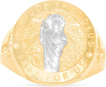 Load image into Gallery viewer, 10k Yellow Gold 17mm St. Jude Thaddeus Pray For Us Catholic Saint Religious Medallion Men's Ring, Sizes 5 - 13
