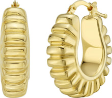 Load image into Gallery viewer, 14k Yellow Gold 24mm Puffed Ribbed Hoop Earrings