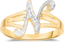 Load image into Gallery viewer, 10k Two-Tone Yellow Gold and White Gold 8.5mm Personalized A-Z Initial Cursive Letter Ring, Sizes 3 - 10