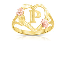 Load image into Gallery viewer, 10k Yellow Gold A-Z Initial Ring with Heart and Rose Gold Flower Design, Sizes 4-9