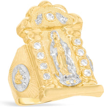 Load image into Gallery viewer, 10k Yellow Gold 28.7mm Two-Tone Mother Virgin Saint Mary Arch Praying Hands CZ Ring, Sizes 6-13