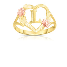 Load image into Gallery viewer, 10k Yellow Gold A-Z Initial Ring with Heart and Rose Gold Flower Design, Sizes 4-9