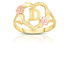 Load image into Gallery viewer, 10k Yellow Gold A-Z Initial Ring with Heart and Rose Gold Flower Design, Sizes 4-9