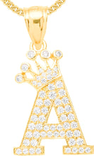 Load image into Gallery viewer, 10k Yellow Gold 0.8" Pave CZ Personalized Crown Alphabet Letter A - Z Initial Charm Pendant with optional Chain Necklace