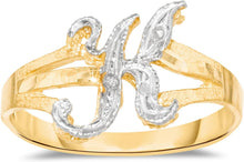 Load image into Gallery viewer, 10k Two-Tone Yellow Gold and White Gold 8.5mm Personalized A-Z Initial Cursive Letter Ring, Sizes 3 - 10