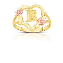 Load image into Gallery viewer, 10k Yellow Gold A-Z Initial Ring with Heart and Rose Gold Flower Design, Sizes 4-9