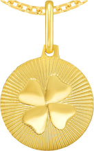 Load image into Gallery viewer, Italian 14k Yellow Gold 15mm Radiant Clover Medallion Charm Pendant with Optional Necklace, 16-17-18 Inch