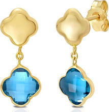 Load image into Gallery viewer, 14k Yellow Gold 18mm Clover Natural Gemstone Drop Earrings (Swiss Blue Topaz, Garnet, Amethyst, Citrine, Peridot)
