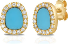 Load image into Gallery viewer, Italian 0.18cttw Diamond 14k Yellow Gold 9mm Freeform Turquoise Cushion Stud Earrings