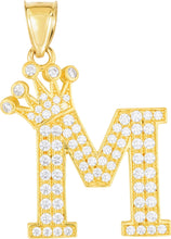 Load image into Gallery viewer, 10k Yellow Gold 0.8" Pave CZ Personalized Crown Alphabet Letter A - Z Initial Charm Pendant with optional Chain Necklace