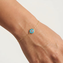 Load image into Gallery viewer, 14k Yellow Gold 12.3mm Blue Turquoise Enamel Evil Eye Charm Link Bracelet, Extendable 6.25" - 7 Inch