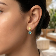 Load image into Gallery viewer, 14k Yellow Gold 18mm Clover Natural Gemstone Drop Earrings (Swiss Blue Topaz, Garnet, Amethyst, Citrine, Peridot)