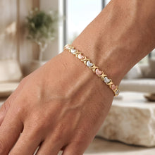 Load image into Gallery viewer, 14k Tri-Color Gold 5.7mm XOXO Heart Stampato Link Bracelet, 7.25 Inch