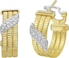 Load image into Gallery viewer, 14k Yellow Gold 21mm Leaf Diamond Omega Hoop Gemstone Earrings