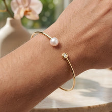 Load image into Gallery viewer, 14k Yellow Gold .035cttw Diamond and Freshwater Pearl 2mm Open Cuff Bangle Bracelet