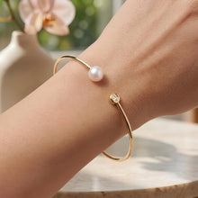 Load image into Gallery viewer, 14k Yellow Gold .035cttw Diamond and Freshwater Pearl 2mm Open Cuff Bangle Bracelet