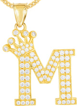 Load image into Gallery viewer, 10k Yellow Gold 0.8" Pave CZ Personalized Crown Alphabet Letter A - Z Initial Charm Pendant with optional Chain Necklace