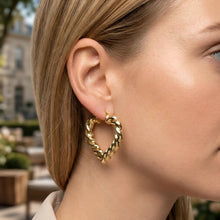 Load image into Gallery viewer, 10k Yellow Gold 45mm Twisted Swirl Scalloped Heart Shape Hoop Earrings