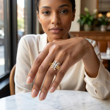 Load image into Gallery viewer, 10k Two-Tone Yellow Gold and White Gold 15mm Personalized A-Z Initial Cursive Letter Ring, Sizes 3 - 10