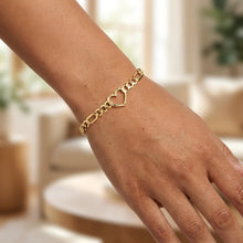 Load image into Gallery viewer, 14k Yellow Gold 17.4mm Open Heart Charm 4.5mm Lite Figaro Link Bracelet, 7 Inch