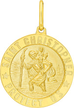 Load image into Gallery viewer, Italian 14k Yellow Gold 20mm Saint St. Christopher San Cristóbal Protect Us Medallion Religious Charm Pendant with Optional Chain Necklace, 20 Inch