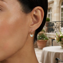 Load image into Gallery viewer, 14k Yellow Gold 19.2mm Mother of Pearl Dangle Butterfly Huggie Earrings