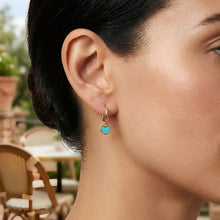 Load image into Gallery viewer, 14k Yellow Gold 22mm Dangle Heart Huggie Earrings (Turquoise, Red Coral, Mother of Pearl)