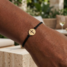 Load image into Gallery viewer, 14k Yellow Gold 10.5mm Disc Cross & Cord Adjustable Friendship Charm Bracelet, 9.25 Inch