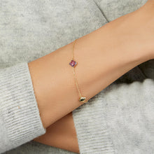 Load image into Gallery viewer, 14k Yellow Gold Natural Amethyst Gemstone Clover Charm Bracelet, Adjustable 6.25 Inch-7.25"