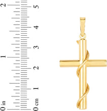 Load image into Gallery viewer, 14k Yellow Gold 1.4" Rope Wrapped Cylinder Tube Cross Charm Pendant with optional Adjustable Chain Necklace