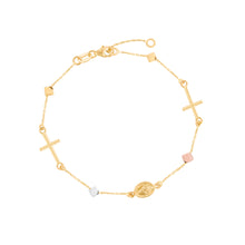 Load image into Gallery viewer, 14k Tri-Color Gold Christian Religious Cube and Cross Charm Link Bracelet, 7.5 Inch