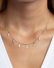 Load image into Gallery viewer, 14k Yellow Gold Turquoise Malachite Onyx & Mother of Pearl Inlay Station Solid Cable Chain Necklace