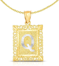 Load image into Gallery viewer, 10k Yellow and White Gold A-Z Initial Square (21 x 12 mm) Pendant with Optional Necklace, Small
