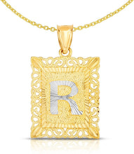 Load image into Gallery viewer, 10k Yellow and White Gold A-Z Initial Square (21 x 12 mm) Pendant with Optional Necklace, Small