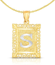 Load image into Gallery viewer, 10k Yellow and White Gold A-Z Initial Square (26 x 18.7 mm) Pendant with Optional Necklace, Large