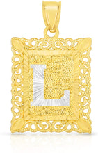 Load image into Gallery viewer, 10k Yellow and White Gold A-Z Initial Square (26 x 18.7 mm) Pendant with Optional Necklace, Large