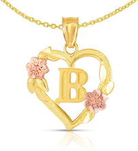 Load image into Gallery viewer, 10k Yellow and Rose Gold A-Z Initial Heart Pendant with Optional Necklace