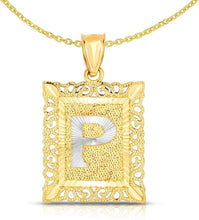 Load image into Gallery viewer, 10k Yellow and White Gold A-Z Initial Square (21 x 12 mm) Pendant with Optional Necklace, Small