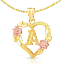 Load image into Gallery viewer, 10k Yellow and Rose Gold A-Z Initial Heart Pendant with Optional Necklace