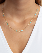 Load image into Gallery viewer, 14k Yellow Gold Onyx Malachite Turquoise & Mother of Pearl Inlay Triple Link Station Solid Cable Chain Necklace