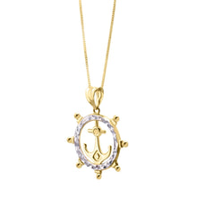 Load image into Gallery viewer, Floreo 10K Two-Tone Gold 22mm Ship's Wheel Anchor Charm Pendant Necklace