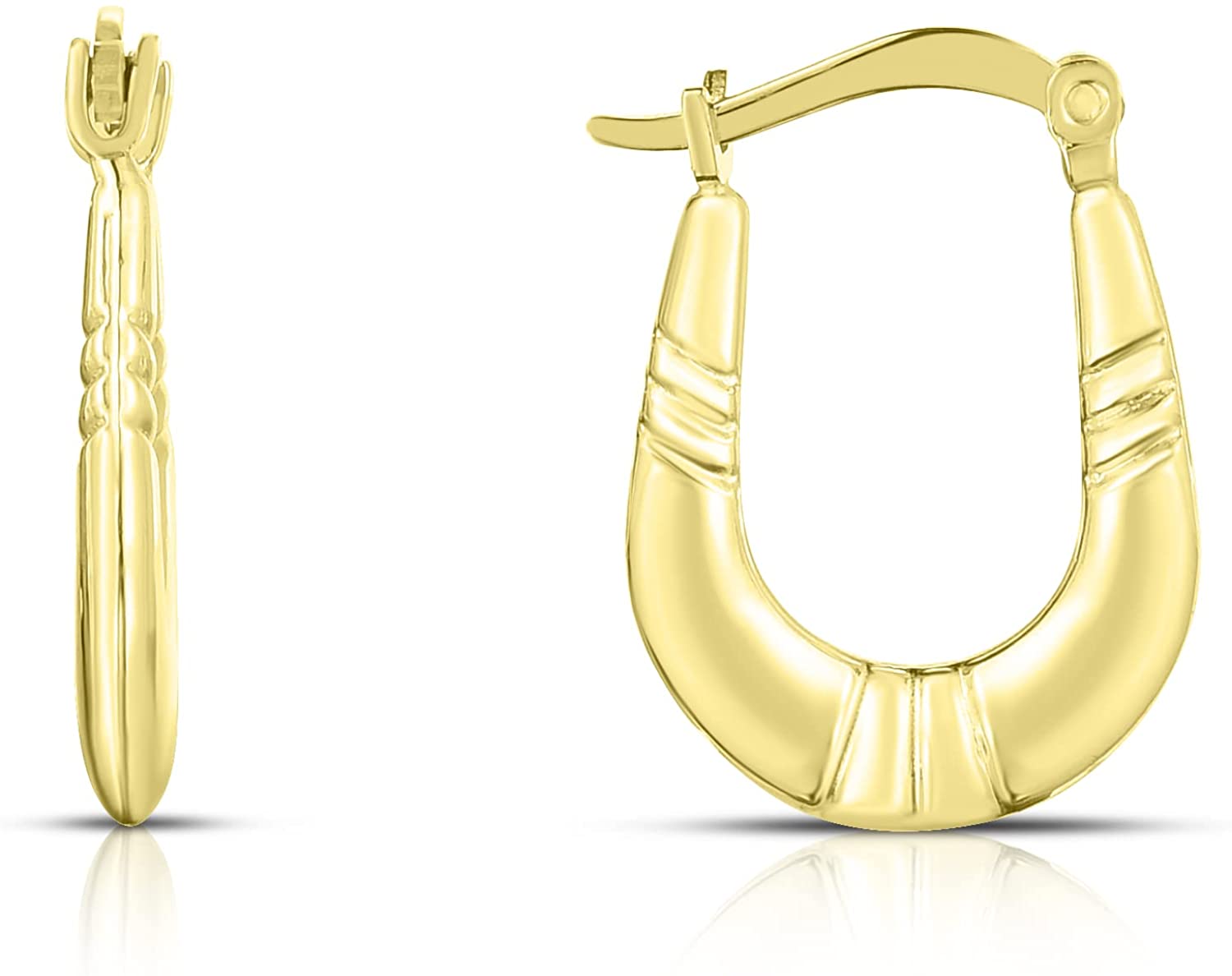 10k Yellow Gold Oval Shape with Triple Ribbed Design Hoop Earrings
