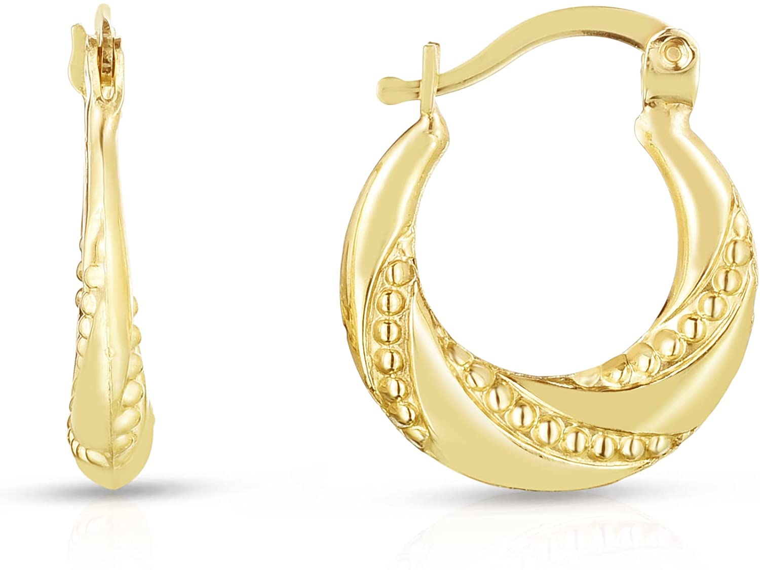 10k Yellow Gold High Polish Beaded Twisted Swirl Design Hoop Earrings