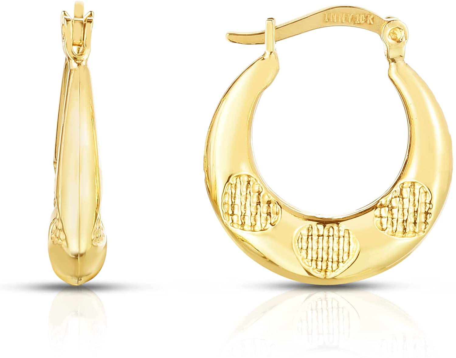 10k Yellow Gold Textured Triple Heart Shape Hoop Earrings