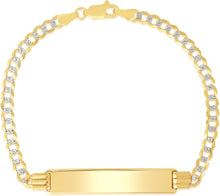 Load image into Gallery viewer, 10k Yellow and White Gold 4mm Solid Pave Curb Link Personalized Engraved Name Bar Custom Two-Tone ID Bracelet