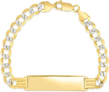 Load image into Gallery viewer, 10k Yellow and White Gold 7mm Solid Pave Curb Link Personalized Engraved Name Bar Custom Two-Tone ID Bracelet