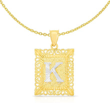 Load image into Gallery viewer, 10k Yellow and White Gold A-Z Initial Square (21 x 12 mm) Pendant with Optional Necklace, Small