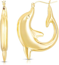 Load image into Gallery viewer, 10k Yellow Gold High Polished Dolphin Hoop Earrings