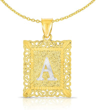 Load image into Gallery viewer, 10k Yellow and White Gold A-Z Initial Square (21 x 12 mm) Pendant with Optional Necklace, Small